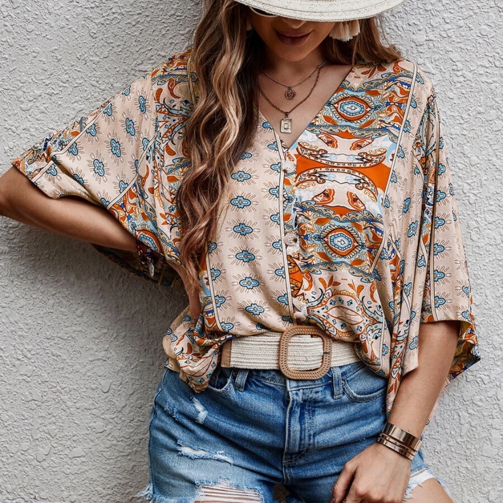 Boho Floral Print Kimono Sleeve Oversized Top - Picture 7 of 8